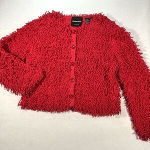 MICHAEL SIMON Vintage 90s Red Shag Cardigan Sweater Button Up Cropped